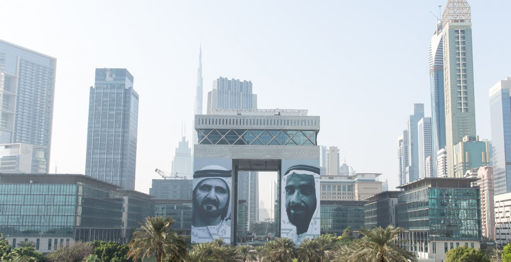 At DIFC Gate. The Picture Of Mohammed bin Rashid Al Maktoum and Zayed bin Sultan Al Nahyan in "Year Off Zayed"
